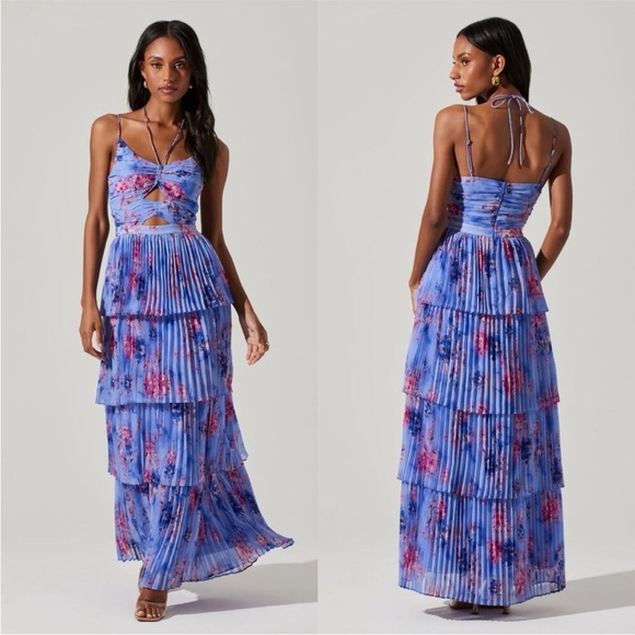Astr Dresses & Skirts - New ASTR Daytona Purple Floral Print Pleated Tiered Halter Maxi Dress Size XL